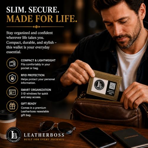 Image of LB LEATHERBOSS Slim Thin Leather Credit Card Triple ID Window Mini Wallet Bifold Driver License Safe (Army Green)