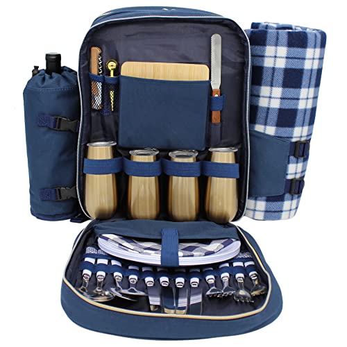 Truvelli Picnic Basket Backpack for 4 with Blanket & Insulated Cooler