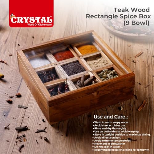 Image of Crystal Teak wood Table Top Masala Dabba /Spice Box | Spice Box with 9 compartments /sections | Handcrafted wooden Box | Non Removable Partitions, Brown
