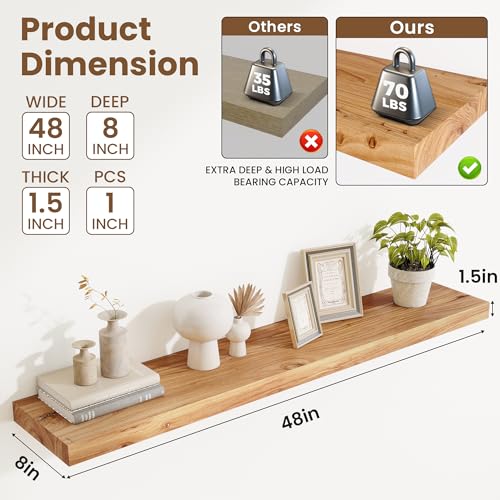 Image of Acovy Extra Deep 48 inch Long Rustic Solid Wood Floating Shelves for Wall, Wall Shelves with Invisible Bracket for Living Room Bathroom Bedroom Kitchen, Set of 1, Natural