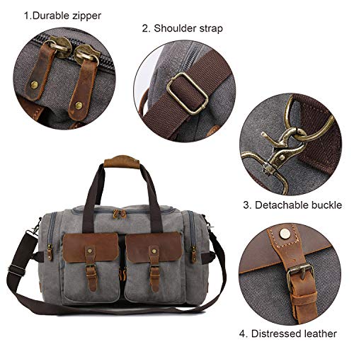 Canvas Duffle Bag, Aocome Overnight Bag for Men and Women Traveling, Genuine Leather Trim Travel Weekender Bag with Shoe Compartment, Large Carryon Luggage Bag With Shoulder Strap