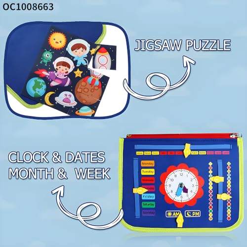 Image of Cable World Montessori Busy Board for Toddlers 2-5 Years, 25+ Learning Activities, Sensory Travel Toy, Quiet Book with Alphabet, Clock, Calendar, Jigsaw Puzzle, Fine Motor Skills & Dinosaur Theme