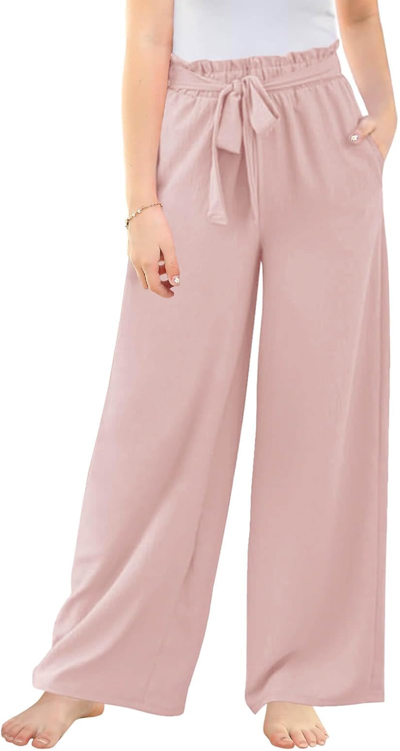 Haloumoning Girls Wide Leg Pants High Elastic Smocked Waist Casual Flowy Cute Long Trousers