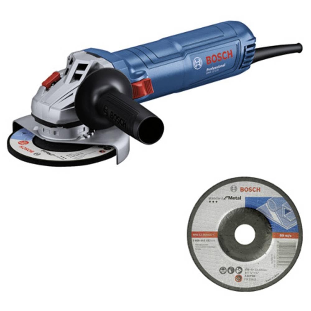 Bosch Professional GWS 12-125 corded angle grinder (Ø disc: 125 mm, 1200 W, restart protection, grinding disc, protective cover, lock nut, standard auxiliary handle)
