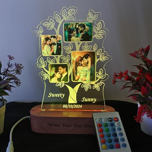Image of Personalized 3D Illusion Family Tree Photo Night Lamp Gift for Couple Birthday, Brother Sister Anniversary, Wedding, Engagement (28cmx18cm)- Multicolor