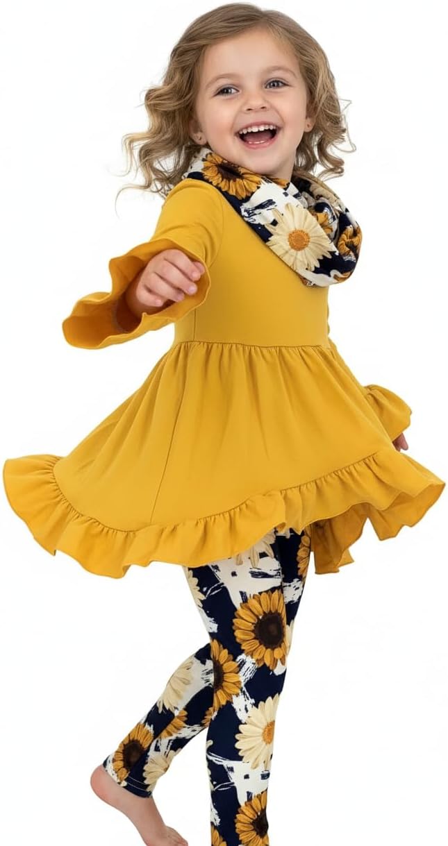 Unique Baby Girls Kids Toddler 3pc Outfit Set Long Sleeve Cotton Blend Tunic Top Leggings and Scarf - Image 4