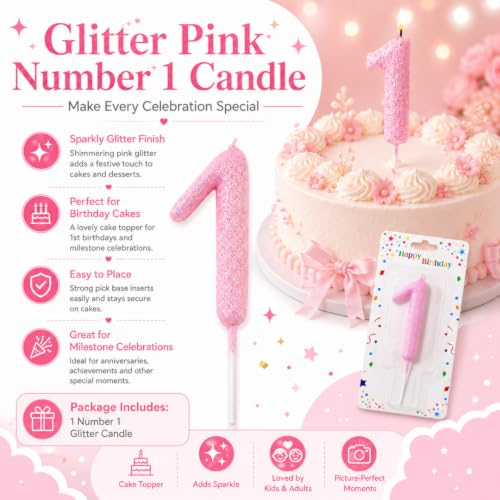 Image of Wanna Party Glitter Designer Pink Number 1 Birthday Candle, Numerical Cake Candle for 1st Birthday, Cake Cutting, Birthday Party Decoration & Celebration Supplies - 1PC