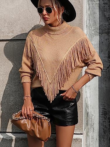 Image of yoeasy Women's Fringe Trim Turtleneck Long Seeve Sweater Knit Loose Pullover Sweater