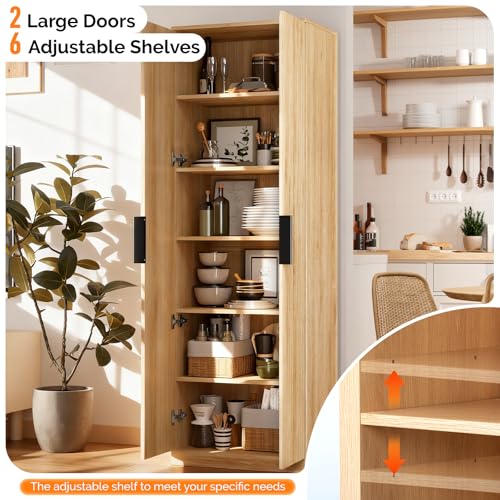 Image of VINGLI 70 inch Modern Pantry Cabinet with Fluted Doors, 5 Adjustable Shelves, Tall Storage Solution for Kitchen, Dining Room, or Living Room, Oak