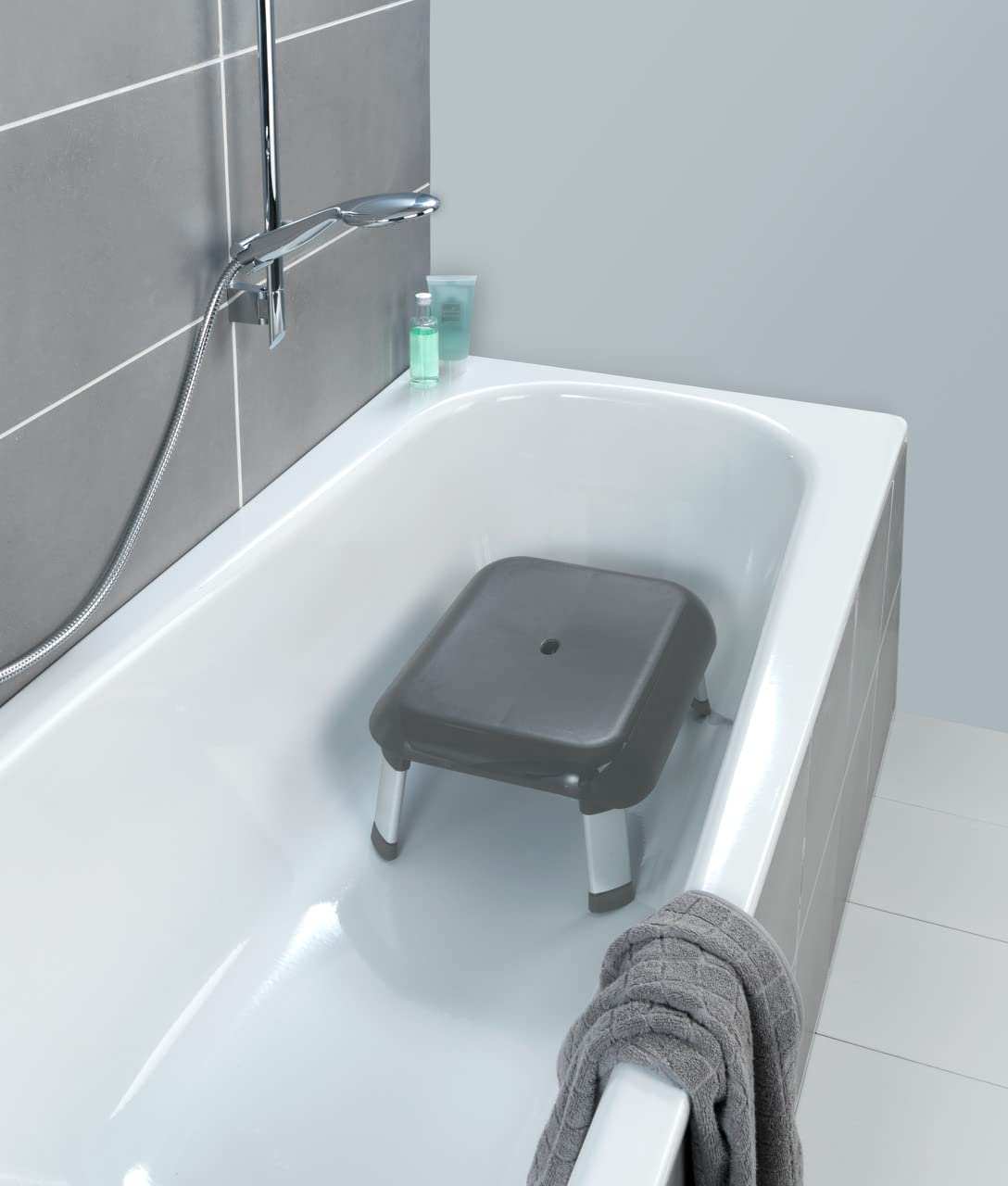 WENKO Marchepied salle de bains Secura Premium - Escabeau, capacité de charge atteignant 130 kg, Polypropylène, 46.5 x 20 x 36 cm, Anthracite
