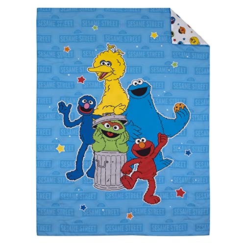 Image of Sesame Street Come and Play, Elmo, Big Bird, Cookie Monster, Grover, and Oscar The Grouch 4 Piece Toddler Bed Set - Comforter, Fitted Bottom Sheet, Flat Top Sheet, and Reversible Pillowcase
