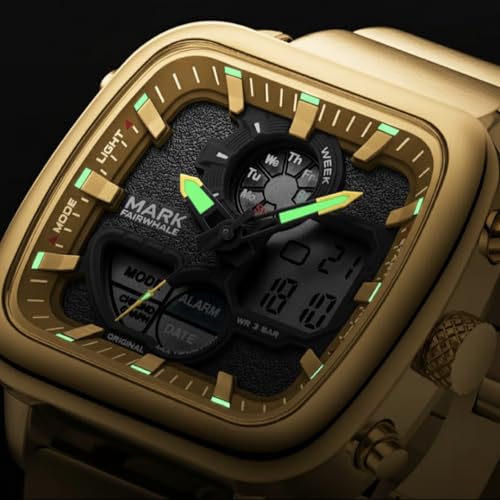 Image of Mark FAIRWHALE Luxury Men's Digital Quartz Watch - Waterproof 3ATM Chronograph Wristwatch with Luminous Display, Auto Date & Dual Time Display (Gold /Black)