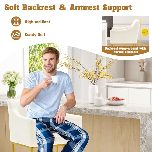 Image of WorthFurni 26 inch Counter Height Bar Stools Set of 2, Modern Counter Stools with Back, Linen Upholstered Barrel Barstools with Gold Metal Frames for Kitchen Island, Home Bar