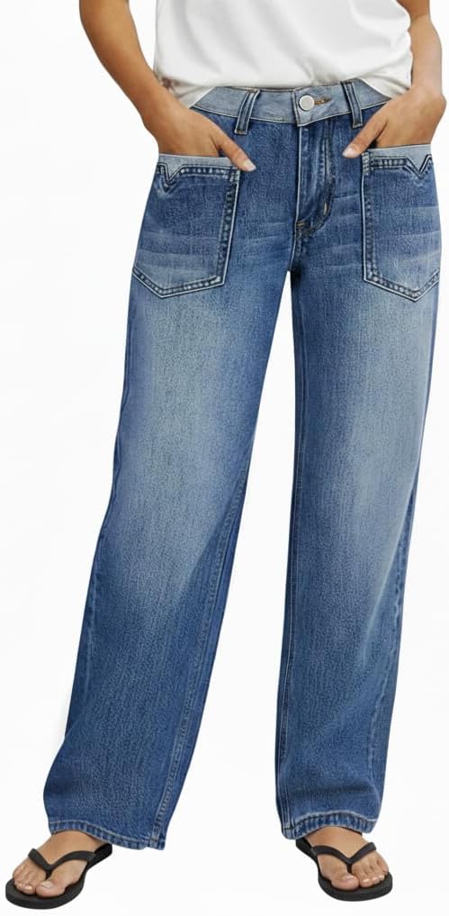 Straight Leg Jeans for Women Trendy Mid Rise Wide Leg Baggy Jeans Stretchy Casual Denim Pants