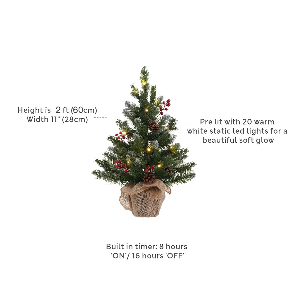 MEETYAMOR Lot de 2 mini sapins de Noël artificiels de 61 cm pré-éclairés en polyéthylène floqué de neige avec 20 lumières minuterie, décoration de Noël pour intérieur et extérieur