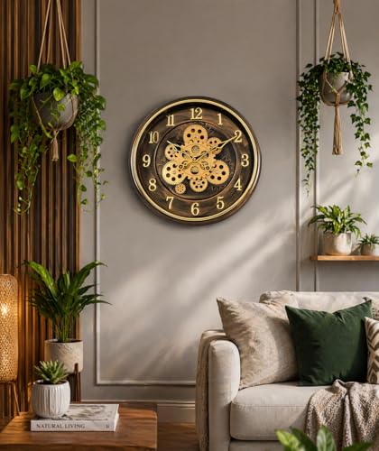 Image of Large Size 35 cms Rotating Moving Gears Wall Clock Industrial Steampunk Real Moving Gear Designer Wall Clock for Living Room Home Decor Office Wooden Look Plastic Round 14 Inch (Brown)