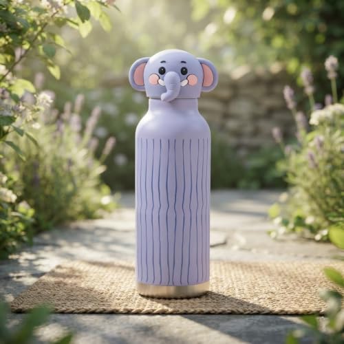 Image of JOUET Kids 600ml Elephant Water Bottle, Stainless Steel Reusable Drinking Bottle with Character Lid for School, Outdoor, Travel & Daily Use
