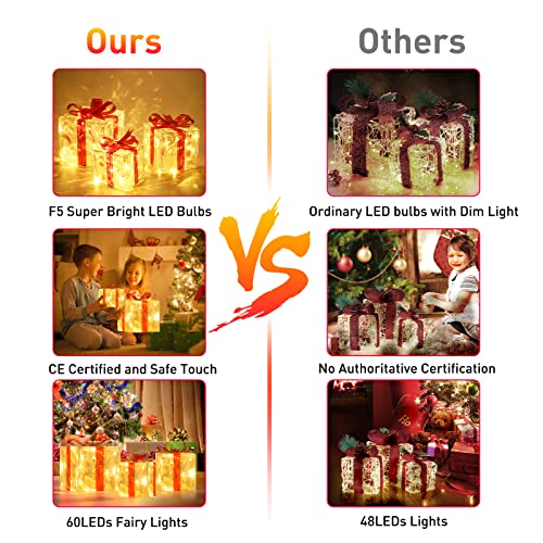 ELKTRY 3er LED Weihnachtsdeko Geschenkboxen, PVC Wasserdicht mit Schleife – Ansicht 4