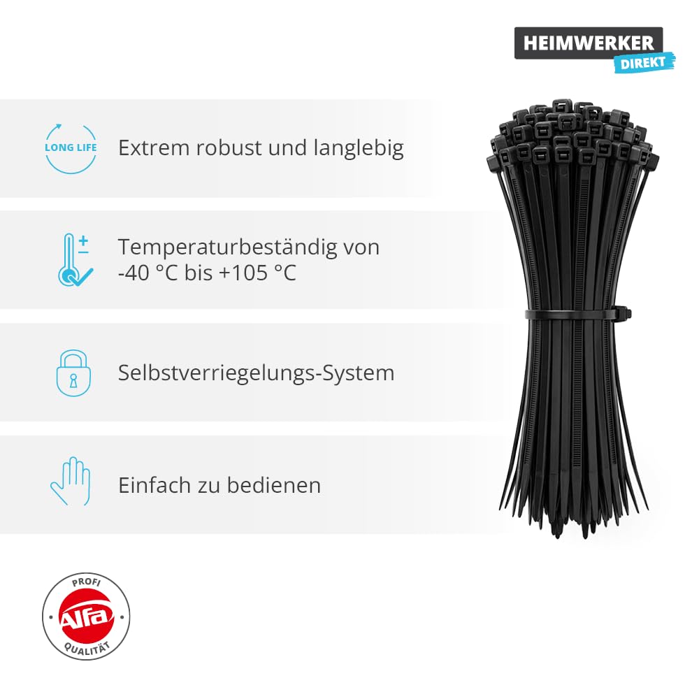 2000x Alfa Kabelbinder Schwarz 360 x 4,5 mm – Nylon UV-beständig Profi | Profi Qualität - UV-beständige Kunststoffbinder, extrem robust, für innen & außen, temperaturbeständig, Made in Germany