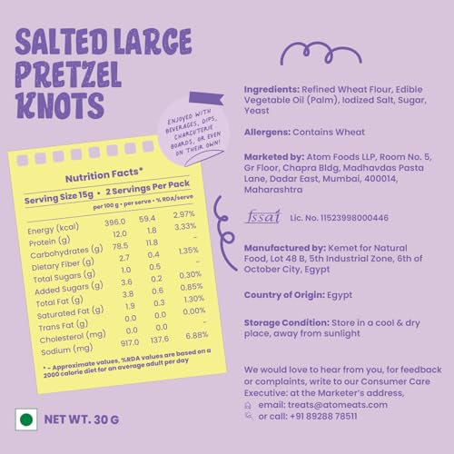 Image of Atom Eats | Salted Pretzel Large Knots 30g | 100% Baked | Savoury Snack for Coffee, Wine, Desserts & Gifiting | Crunchy and Salty | Imported Quality | Classic American Snack