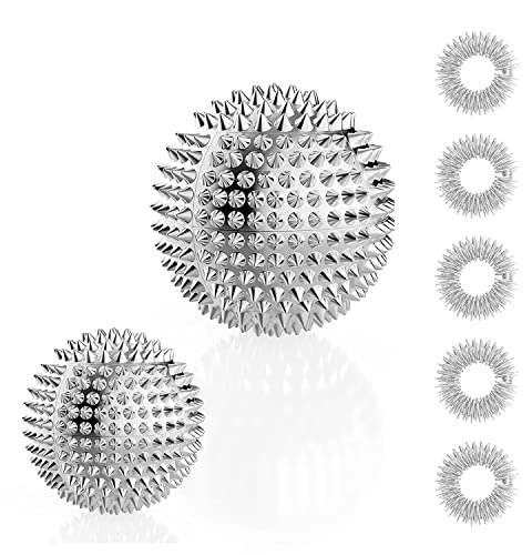 2 igelball massage + 5 akupressur ring finger - akupressur ball metal klein 32mm 47mm - skills ring akkupressurringe for finger - skills borderline igelbälle Massageringe set für Stress Relief silber Cover