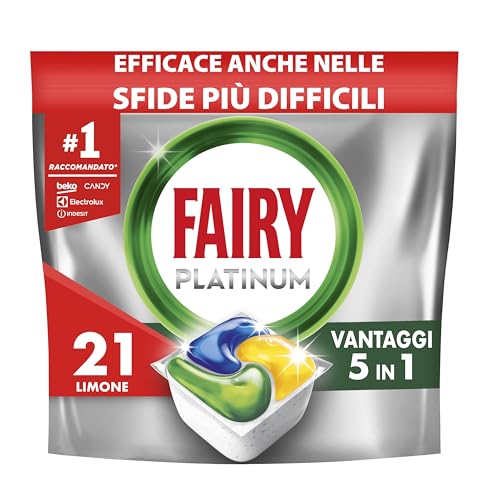 Immagine prodotto: Fairy Platinum Tutto In Uno Capsule Per Lavastoviglie, Limone, 21 Capsule, Per Sfide Difficili, Pulisce I Residui Di Grasso Nel Filtro