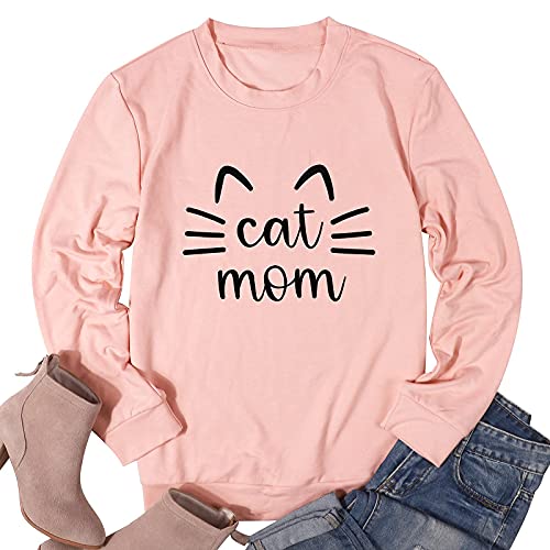 Cat Mom Sweatshirt Women Cat Mama Shirt Cute Cat Long Sleeve Letter Print Tshirt Tops Pink #TOP5