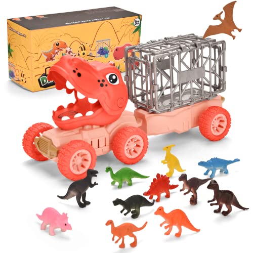 Fanbusa Juguete de camión de dinosaurio para niños de 2 a 5 años, 12 piezas de figuras de dinosaurio, juguetes de dinosaurios pequeños para niños y niñas