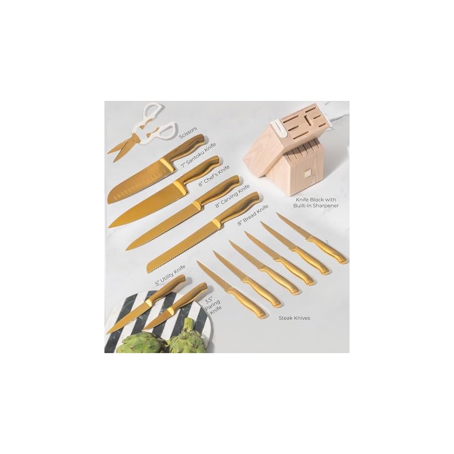 Gold-Knife-Set-for-Kitchen-with-Block-and-Sharpener-14-Piece-Razor-Sharp-Titanium-Gold-Kitchen-Knife-Set-with-Ashwood-Knife-Block-with-Sharpener-Built-In-Gold-Kitchen-Accessories Gold Knife Set for Kitchen with Block and Sharpener - 14 Piece Razor Sharp Titanium Gold Kitchen Knife Set with Ashwood Knife Block with Sharpener Built In - Gold Kitchen Accessories