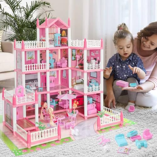 Image of Large Doll House Kit Pink Toys Baby Doll for Kids House DIY Big for Girls Doll House Children Accessories Castle
