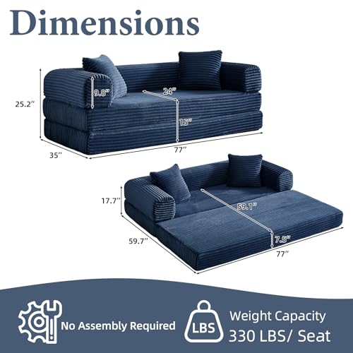 Image of 4-in-1 Convertible Folding Sleeper Sofa Bed, Fold Out Floor Sofa Couch with Fixed-Shape Frame, Cloud Corduroy Foldable Mattress Couch for Living Room Bedroom (78 inch Corduroy, Dark Blue)