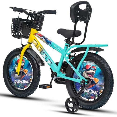 Image of Shark Tank 16T Kids Bicycle for Boys & Girls with Inbuilt Carrier, Front Basket, PU Soft Seat, Full Chain Cover & Stylish Wheelcards (Yellow /Sea Blue)