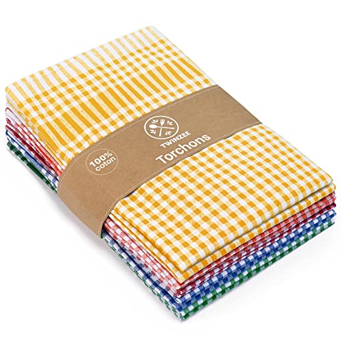 Twinzee Torchon Cuisine (Set de 5) 100% Coton Oeko Tex 180 GSM - 47x67 cm - Torchon à Carreaux Design Retro - pour Sécher la Vaisselle et Les Mains -...