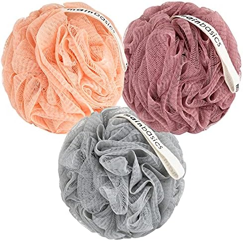 MainBasics Shower Loofah Sponge Pouf, Set of 3, Coral Reef