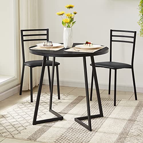 Image of VECELO 3 Piece Wood Round Dining Table Set with Cushioned Chairs, Modern Counter Height Dinette for Kitchen Breakfast Nook Living Room Small Space, Black