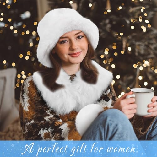 Winter Faux Fur Collar Scarf Wrap Winter Fuzzy Bucket Hat Ear Muffs Foldable Faux Fur Wrist Cuffs Set for Women 6