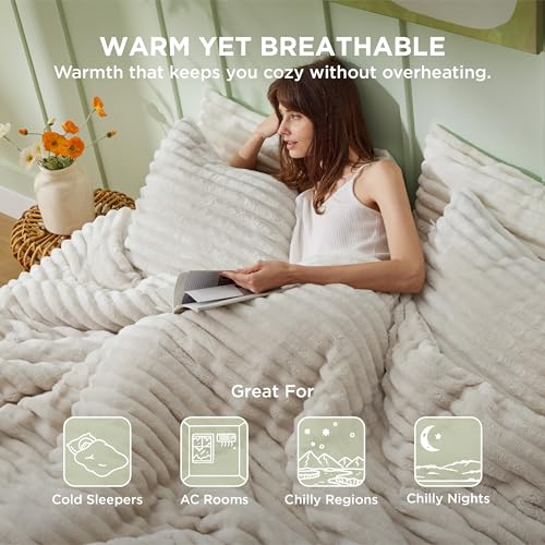 Image of Bedsure King Fluffy Comforter Set - GentleSoft 3 Pieces Luxury Fleece Linen Bedding, Cozy Room Decor Aesthetic, 1 King Bed Comforter (104 inchx90 inch) and 2 Pillowcases (20 inchx36 inch)