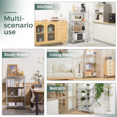 Image of DEANIC 4 Tier Foldable Storage Shelves with Wheels, Large Capacity Shelving Unit, Freestanding Metal Wire Shelf Rack, No Assembly Organizer Rack for Garage Kitchen, Basement, Pantry(Grey Pack of 2)