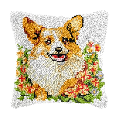 Image of bositigo Dog Latch Hook Pillow Kit for Adults & Kids, DIY Pre-Printed Canvas Craft, 17x80 Inch Decorative Cover for Sofa Cushions, Bedroom Decor (Dog Pattern 64)