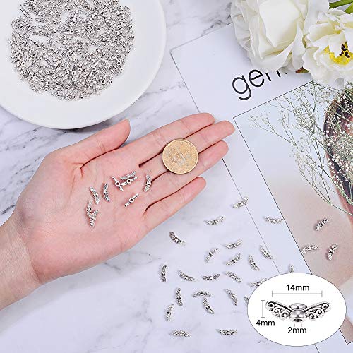PH PandaHall 200pcs Angel Wing Spacer Beads Tibetan Alloy Angel Wing Charm Beads Spacers for Bracelet Necklace Jewellery Making, Antique Silver (14mm, Hole: 1mm)