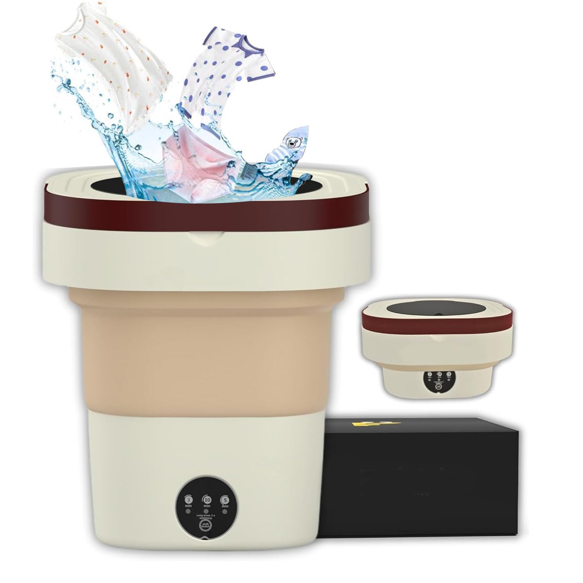 3Clock 9L Portable Foldable Washing Machine with Built-in Drain Hose – Ideal for Baby Clothes, Dog Diapers, Delicate Clothes and Underwear – Best for Travelers, Students, Apartment, RV Owners (Cream)