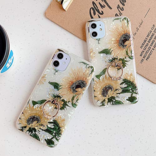Qokey For Iphone 8 Plus Case,Iphone 7 Plus Case 5.5 Inch Flower Pattern Cute Stand Cover For Women Girls 360 Degree Rotating Ring Stand Holder Kickstand Soft Tpu Shockproof Leaf Sunflower #TOP5