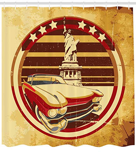ABAKUHAUS Vintage Car Shower Curtain, Vintage Car Image American of Liberty on Old Paper Print - Image 2