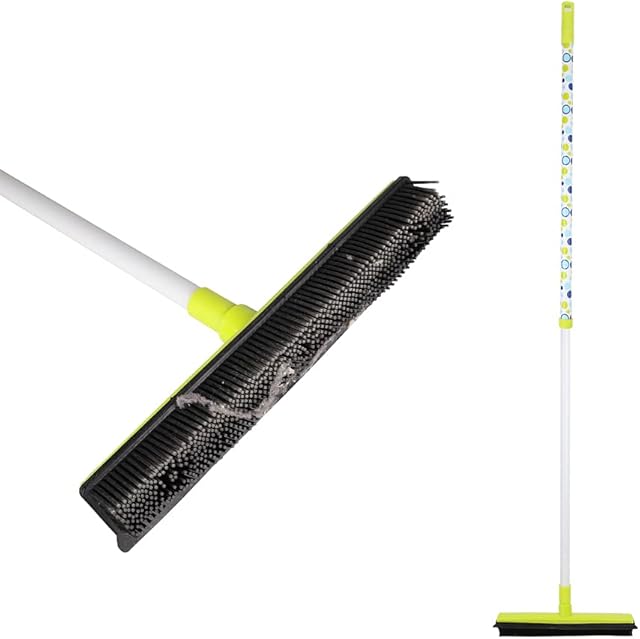 Rubber Bristles Push Broom with Long Handle Carpet Brush Squeegee Broom Cleaning for Dog/Cat Hair
