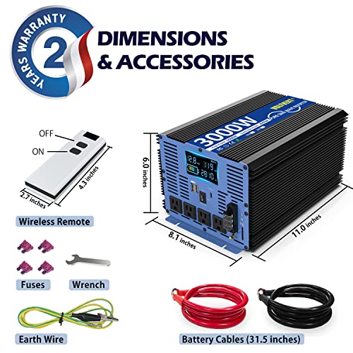 Pure Sine Wave Power Inverter 3000W 12V Dc To 110 120V Ac With 4 Ac Outlets Dual Usb Ports Type-C Port Ac Terminal Blocks Wireless Remote Control Lcd Display For Emergency Rv Car [2 Years Warranty] #TOP5