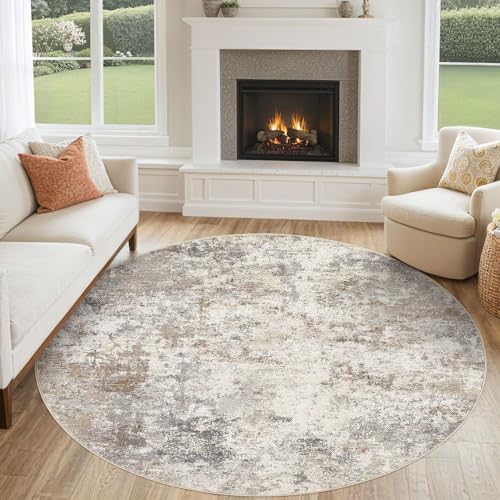 6ft Round Area Rug Living Room Rugs - 6x6 Washable Neutral Modern Abstract Soft Thin Rug Indoor Floor No Slip Rug Carpet for Bedroom Under Dining Table Home Office Decor - Brown Grey
