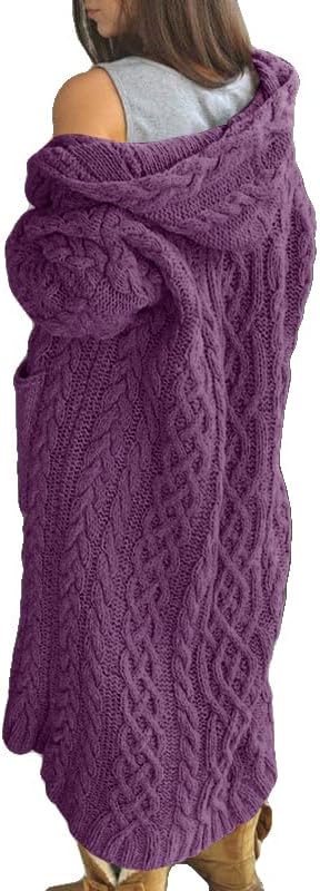 NIUBIA Womens Casual Long Sleeve Open Cardigan Warm Hooded Outwear Coat Cable Knit Long Cardigan Sweaters with Pockets