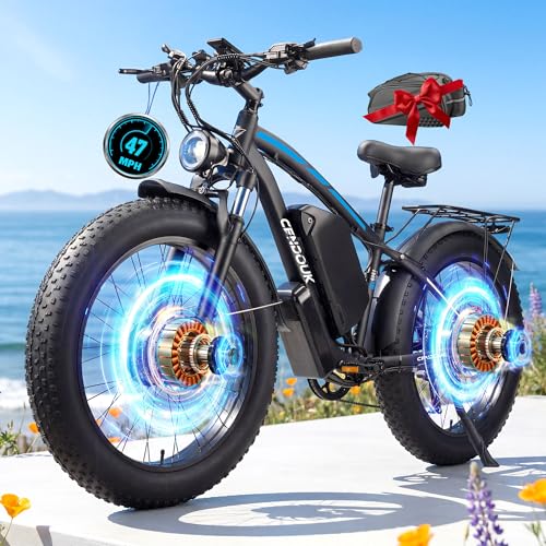 9000W Peak Electric Bike | Top 47MPH Ebike for Adults | Dual Motor Ebike 58V Max Output 36AH Battery | Front Suspension | 24 Fat Tire E Bike | 7-Speed | Off Road Commuter Mountain Bike(Black Blue)