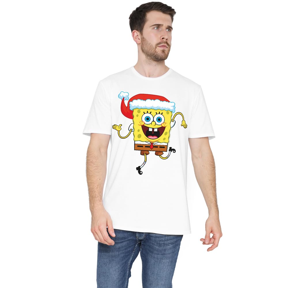 Spongebob Men's White Squarepants Christmas Santa Hat T-Shirt in Size 2XL, Sports Direct
