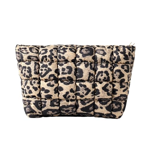 HFLZBRO Puffy Quilted Makeup Bag for Women, Cosmetic Bag, Travel Toiletry Organizer Pouch Clutch (Brown Leopard)
